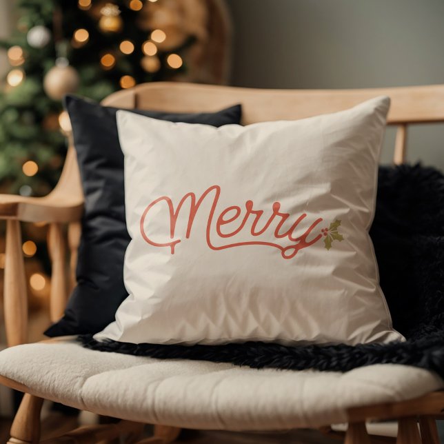 Merry Script Typography Minimalist Christmas  Cushion (Merry Script Typography Minimalist Christmas Throw Pillow)