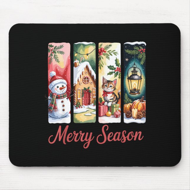 Merry Season Festive Snowman Cat Gingerbread House Mouse Pad (Front)