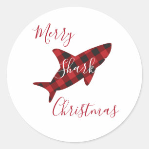 Merry Shark Christmas Red Plaid Script Classic Round Sticker