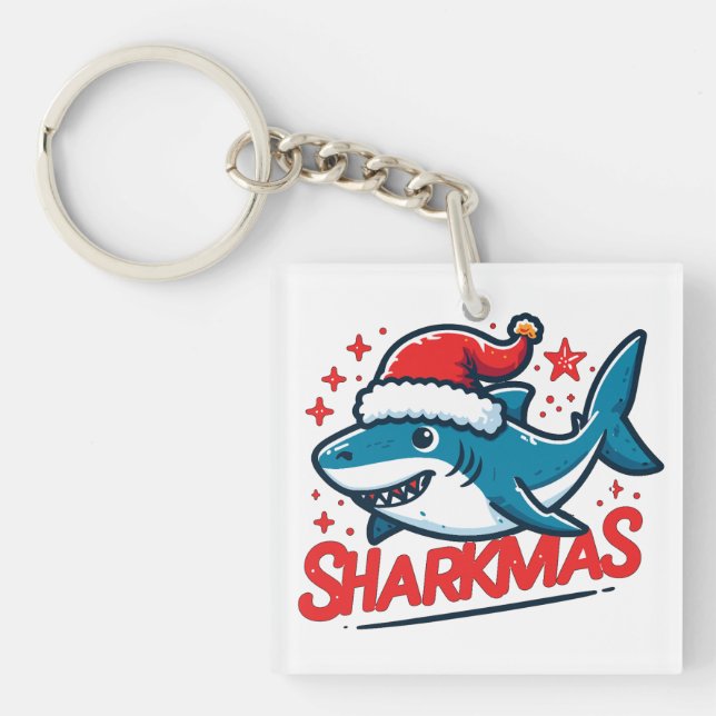 Merry Sharkmas, Christmas Shark, Funny Shark Xmas Key Ring (Front)
