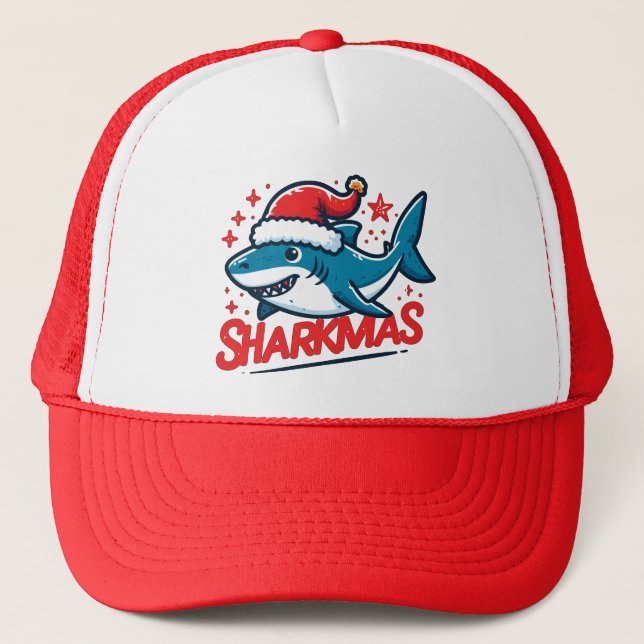 Merry Sharkmas, Christmas Shark, Funny Shark Xmas Trucker Hat (Front)