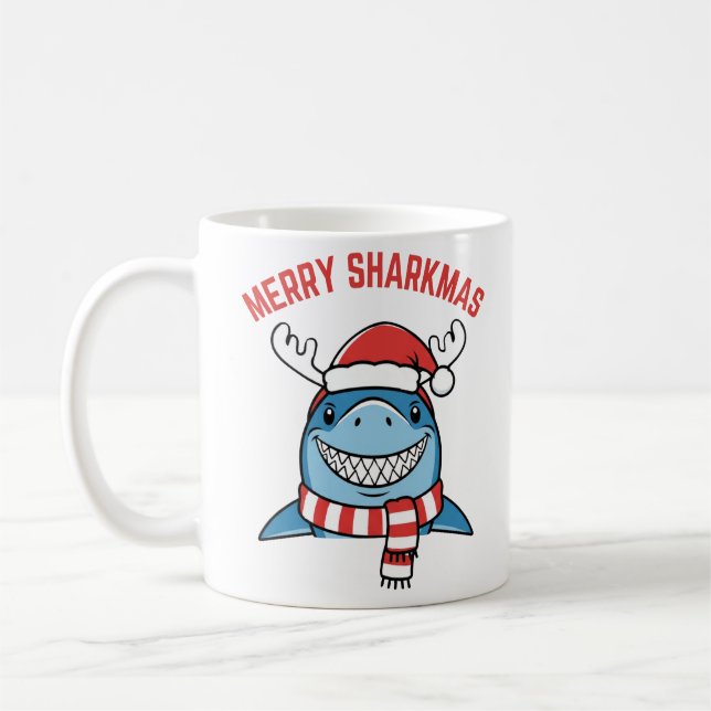 Merry Sharkmas Funny Christmas Shark Coffee Mug (Left)