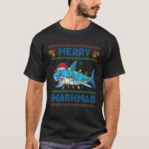Merry Sharkmas Funny Santa Shark Xmas Lights Ugly T-Shirt