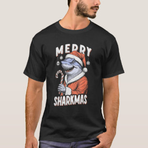 Merry Sharkmas Funny Shark Santa Claus Candy Cane  T-Shirt