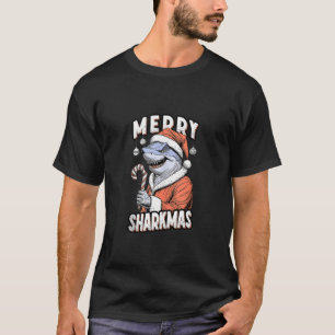 Merry Sharkmas Funny Shark Santa Claus Candy Cane  T-Shirt
