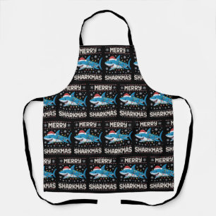 Merry Sharkmas Santa Ugly Christmas Lights Xmas  Apron