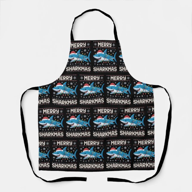 Merry Sharkmas Santa Ugly Christmas Lights Xmas  Apron (Front)