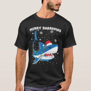 Merry Sharkmas Shark Santa Christmas Lights Boys T-Shirt