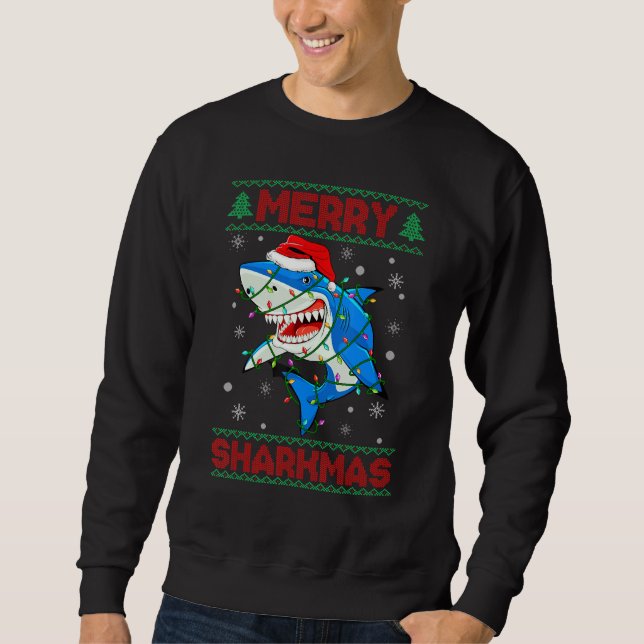 Merry Sharkmas Shark Santa Ugly Christmas Lights B Sweatshirt (Front)