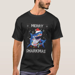 Merry Sharkmas Shark Santa Ugly Christmas Lights B T-Shirt