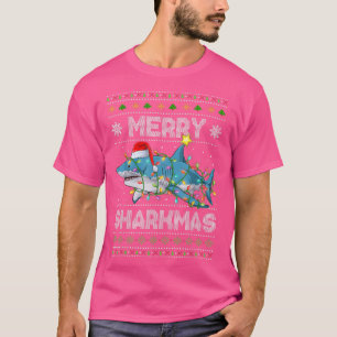 Merry Sharkmas Shark Santa Ugly Christmas Lights B T-Shirt