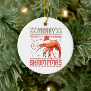 Merry Shrimpmas Funny Ugly Christmas Sweater Gift Ceramic Tree Decoration