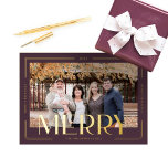 Merry Simple & Modern Gold Frame Family Photo<br><div class="desc">Tis' the season to be merry! Our simple & modern merry foil photo Christmas card. Large full photo placeholder with element double frame gold foil design. "Merry" bold gold foil overplay with a personalised holiday greeting,  family signature,  and year. Design by Moodthology Papery.</div>