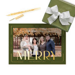 Merry Simple & Modern Gold Frame Family Photo<br><div class="desc">Tis' the season to be merry! Our simple & modern merry foil photo Christmas card. Large full photo placeholder with element double frame gold foil design. "Merry" bold gold foil overplay with a personalised holiday greeting,  family signature,  and year. Design by Moodthology Papery.</div>