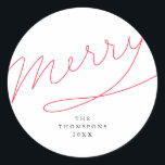 Merry Simple Red Hand Lettered Script Christmas Classic Round Sticker<br><div class="desc">Elegant and simple sticker for Christmas gift wrapping and sending holiday cards featuring a red hand lettered script that says "merry." Customise this product by adding your family name and year.</div>