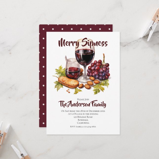 Merry Sipness Cheese & Wine Party Watercolor  Invitation (Front/Back In Situ)
