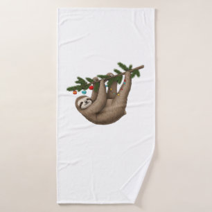 Merry Sloth on Christmas Tree Branch with Ornament Bath Towel