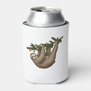 Merry Sloth on Christmas Tree Branch with Ornament Can Cooler