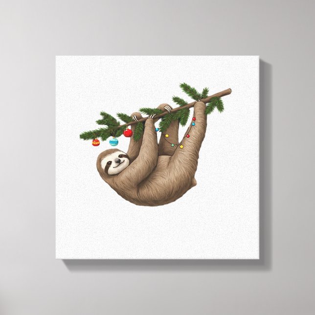 Merry Sloth on Christmas Tree Branch with Ornament Canvas Print (Front)