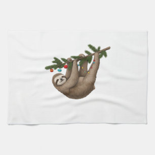 Merry Sloth on Christmas Tree Branch with Ornament Tea Towel