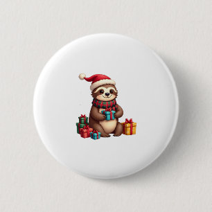 Merry Slothmas cute Christmas sloth Santa hat Xmas 6 Cm Round Badge