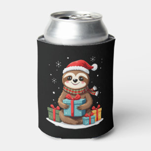 Merry Slothmas cute Christmas sloth Santa hat Xmas Can Cooler