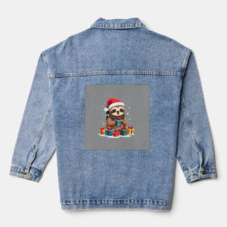 Merry Slothmas cute Christmas sloth Santa hat Xmas Denim Jacket