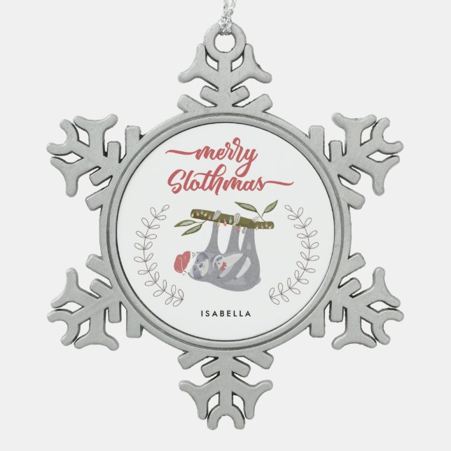 Merry Slothmas Cute Personalised Hanging Sloth Snowflake Pewter Christmas Ornament (Front)