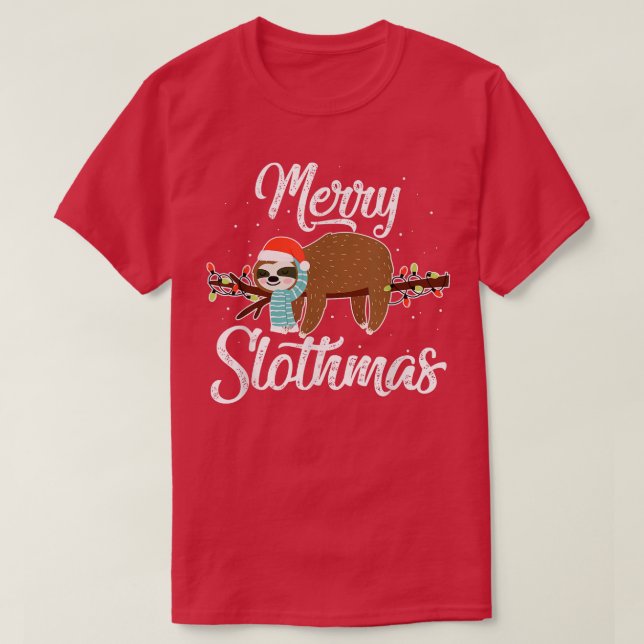 Merry Slothmas Cute Sloth Wear Santa Hat Cute Chri T-Shirt (Design Front)