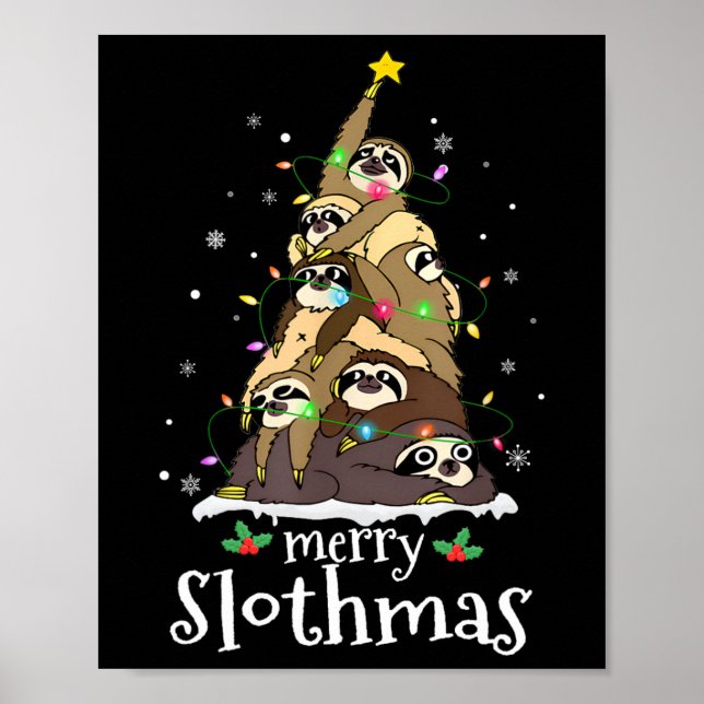 Merry Slothmas Cute Xmas Sloth Santa Hat Christmas Poster (Front)