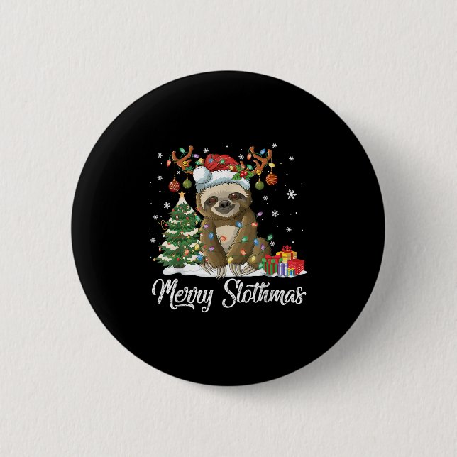 Merry Slothmas Funny Sloth Christmas Tree Lights X 6 Cm Round Badge (Front)