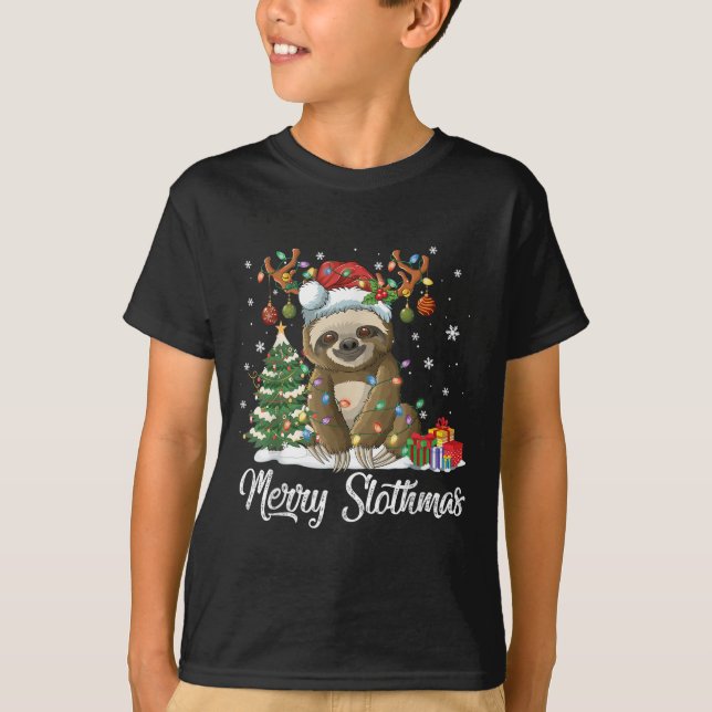Merry Slothmas Funny Sloth Christmas Tree Lights X T-Shirt (Front)