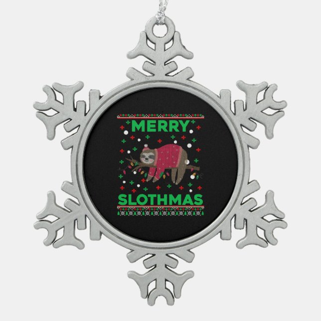 Merry Slothmas Funny Sloth Ugly Christmas Snowflake Pewter Christmas Ornament (Front)