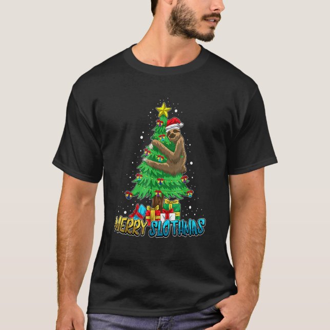 Merry Slothmas Lazy Cute Sloth Santa Hat Tree Xmas T-Shirt (Front)