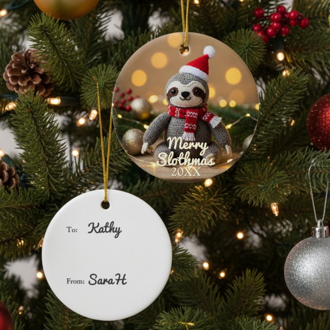 Merry Slothmas Santa Sloth Personalized Ceramic Tree Decoration (For lovers of sloths and Christmas ornaments!)