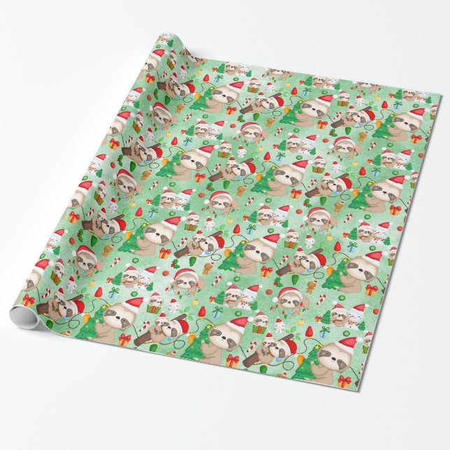Merry Slothmas Wrapping Paper Roll (Unrolled)