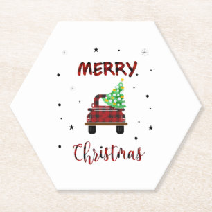 Merry Snow Christmas Buffalo Farm Truck Tree T Shi Paper Coaster