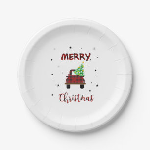 Merry Snow Christmas Buffalo Farm Truck Tree T Shi Paper Plate