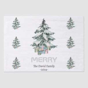 Merry Snow Watercolor Pine Christmas Tree Gifts Tissue Paper