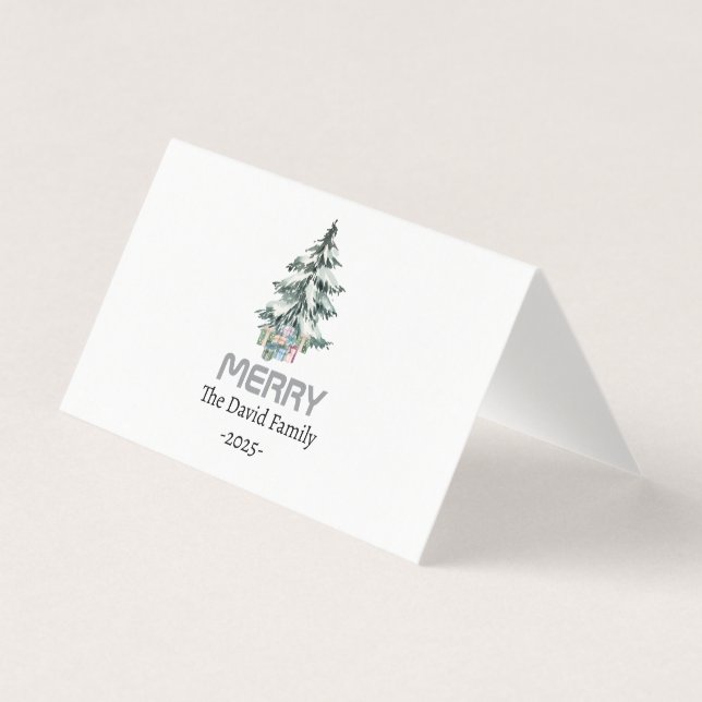 Merry Snow Watercolor Pine xmas botanical Tree (Front)