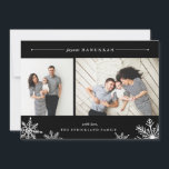 Merry Snowflake Hanukkah Photo Card | Black<br><div class="desc">Elegant and modern Hanukkah photo card features two favourite photos aligned side by side, with "Joyous Hanukkah" at the top in white italic and block typography. Personalise with your custom greeting and name at the bottom, accented by four white snowflake illustrations. A rich black background adds classic elegance to your...</div>