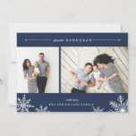 Merry Snowflake Hanukkah Photo Card | Navy<br><div class="desc">Elegant and modern Hanukkah photo card features two favourite photos aligned side by side, with "Joyous Hanukkah" at the top in white italic and block typography. Personalise with your custom greeting and name at the bottom, accented by four white snowflake illustrations. A navy blue background adds classic elegance to your...</div>