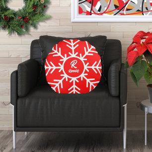 Merry Snowflake Red White Round Pillow