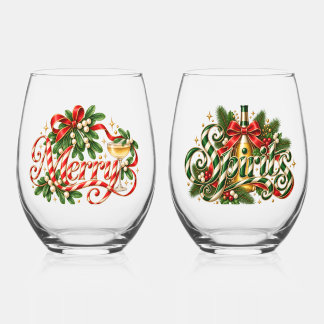 Merry Spirits Candy Cane Christmas Typography Pair Stemless Wine Glass
