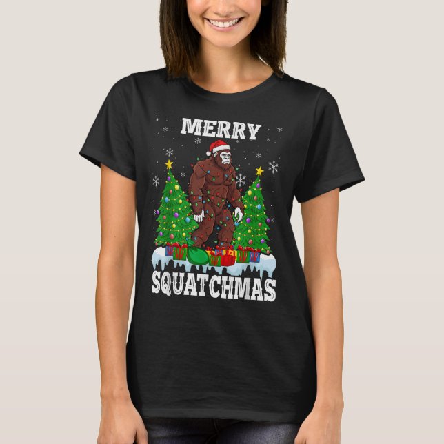 Merry Squatchmas Christmas Tree Santa Bigfoot Sasq T-Shirt (Front)
