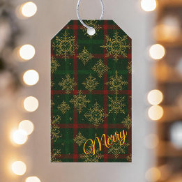 Merry Steampunk Snowflake Red and Green Tartan Gift Tags