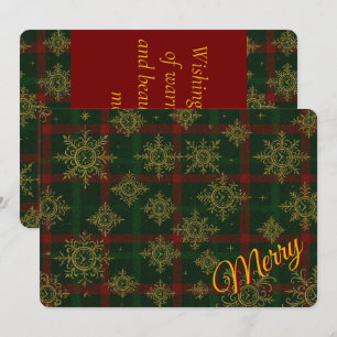 Merry Steampunk Snowflake Red and Green Tartan Holiday Card
