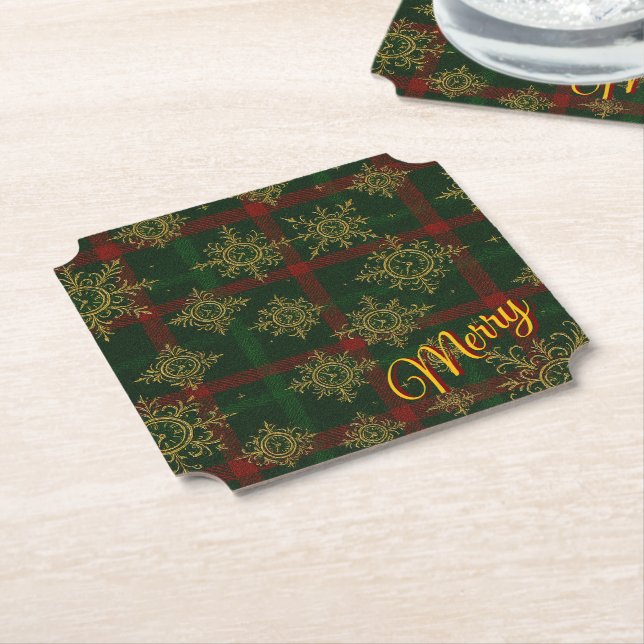 Merry Steampunk Snowflake Red and Green Tartan Paper Coaster (Angled)