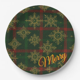 Merry Steampunk Snowflake Red and Green Tartan Paper Plate