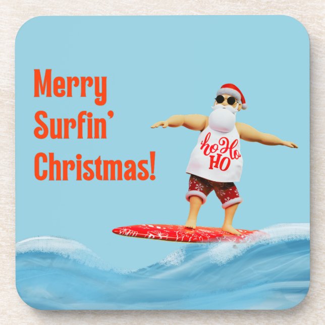 Merry Surfin' Christmas Santa on Surfboard Coaster (Front)